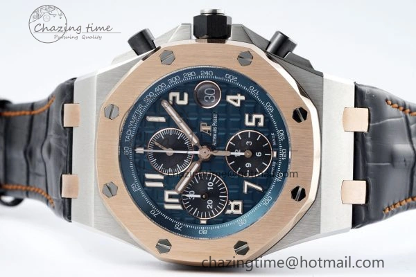 Practical Royal Oak Offshore 42mm SS APF 1:1 Best Edition RG Bezel Blue Dial on Black Leather Strap A 4668