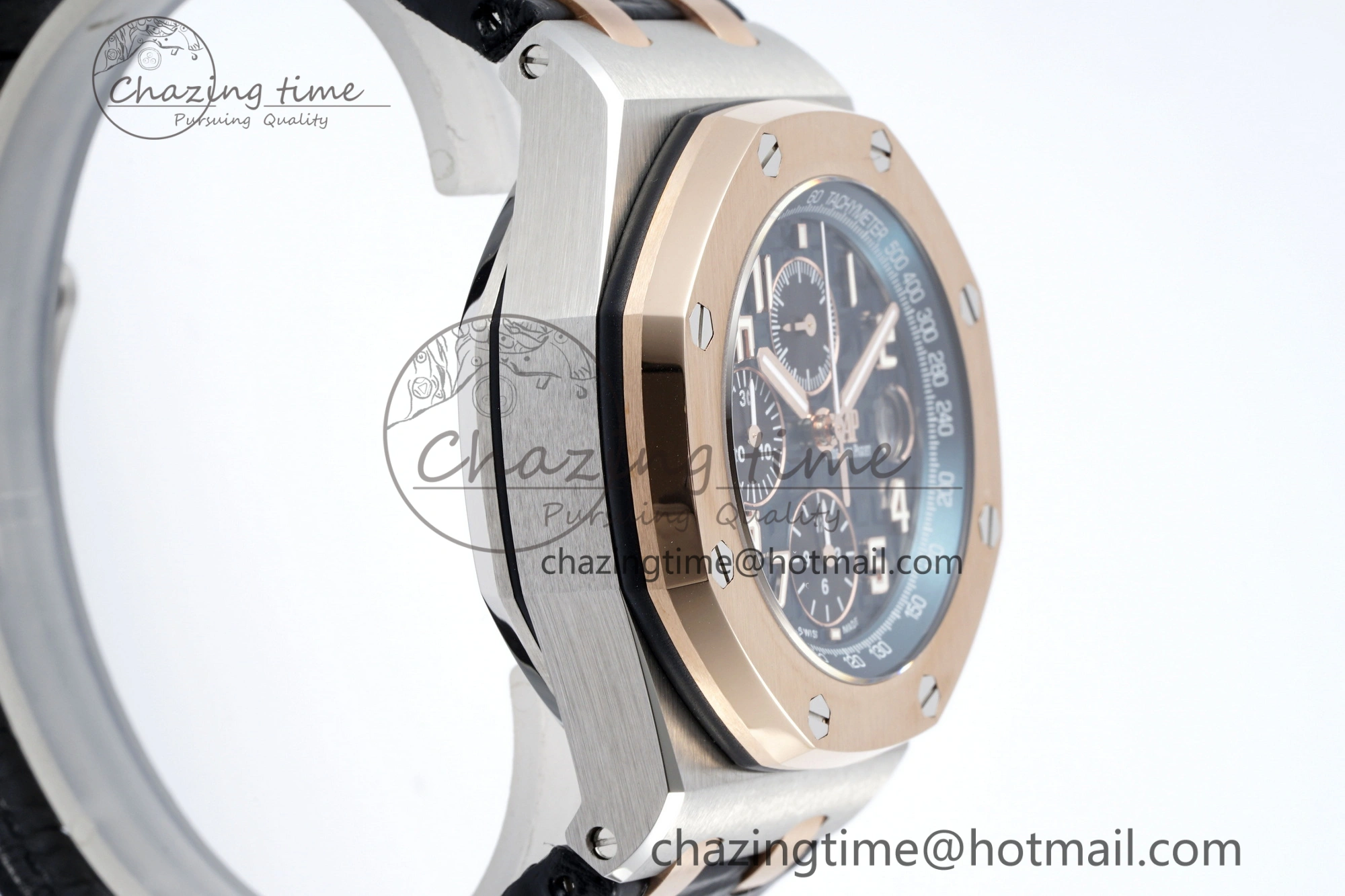 Practical Royal Oak Offshore 42mm SS APF 1:1 Best Edition RG Bezel Blue Dial on Black Leather Strap A 4668
