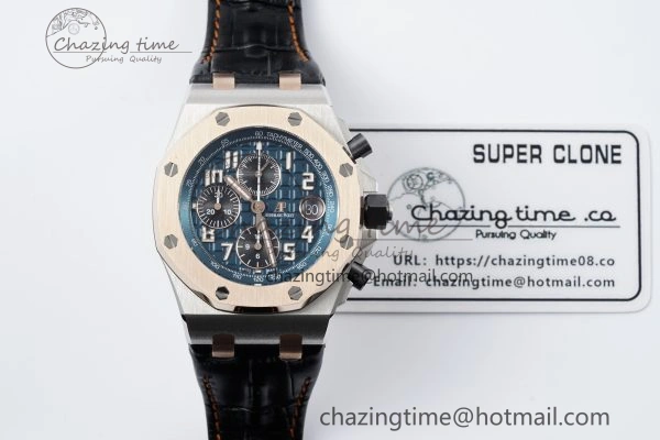 Practical Royal Oak Offshore 42mm SS APF 1:1 Best Edition RG Bezel Blue Dial on Black Leather Strap A 4668