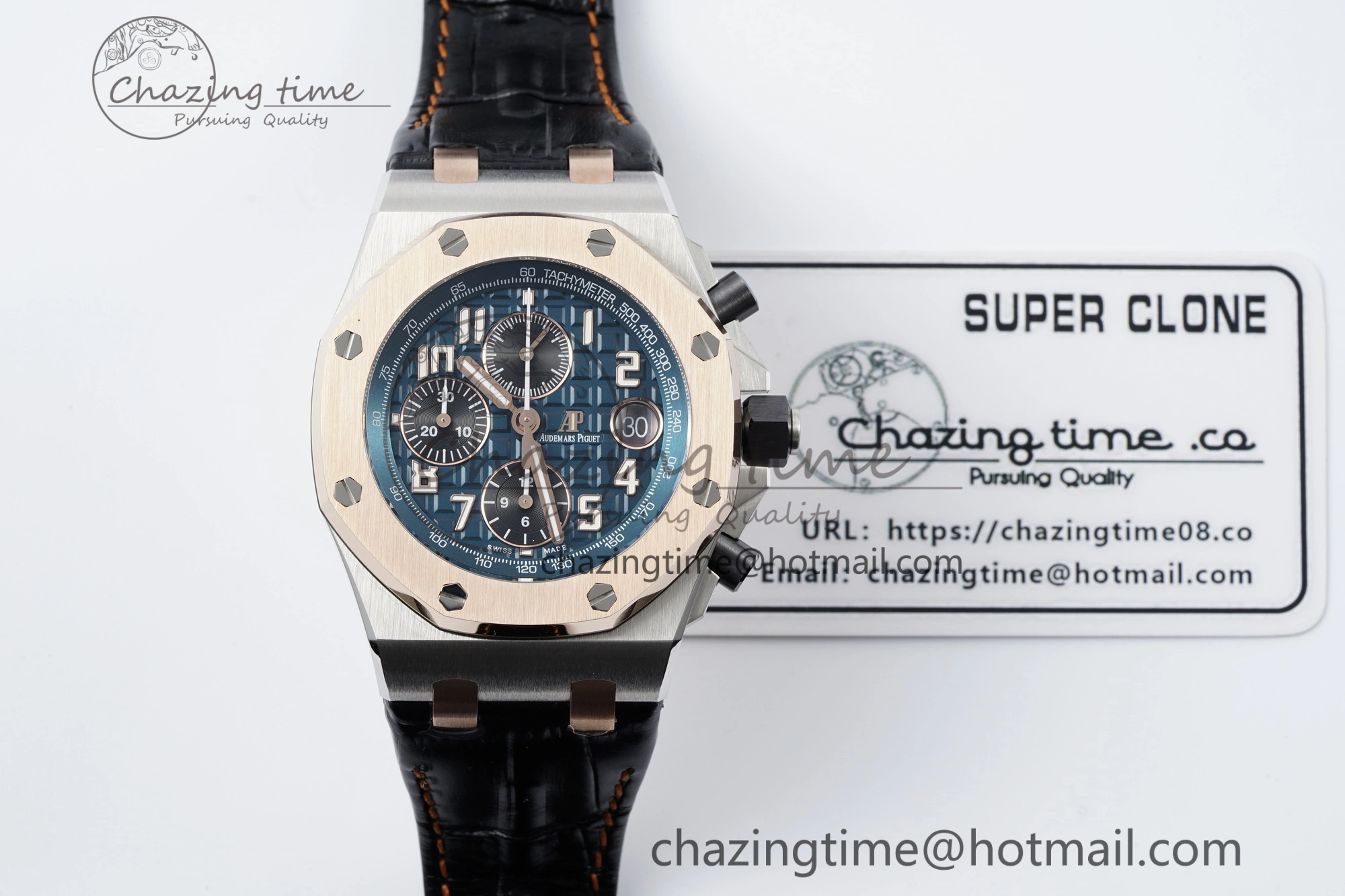 Practical Royal Oak Offshore 42mm SS APF 1:1 Best Edition RG Bezel Blue Dial on Black Leather Strap A 4668