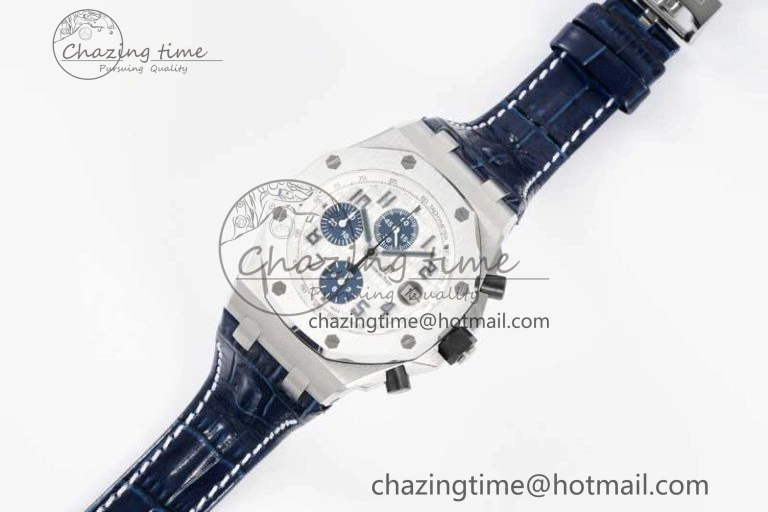Royal Oak Offshore 42mm SS APF 1:1 Best Edition White Blue Dial on Blue Leather Strap A SportInspired 4616