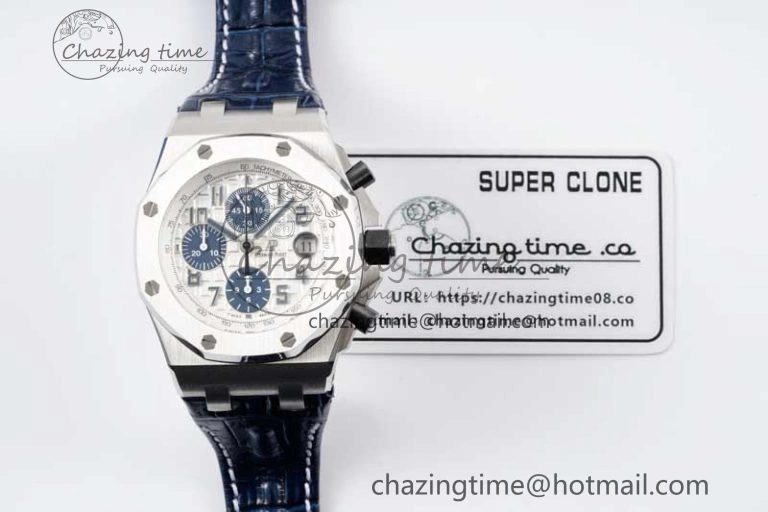 Royal Oak Offshore 42mm SS APF 1:1 Best Edition White Blue Dial on Blue Leather Strap A SportInspired 4616