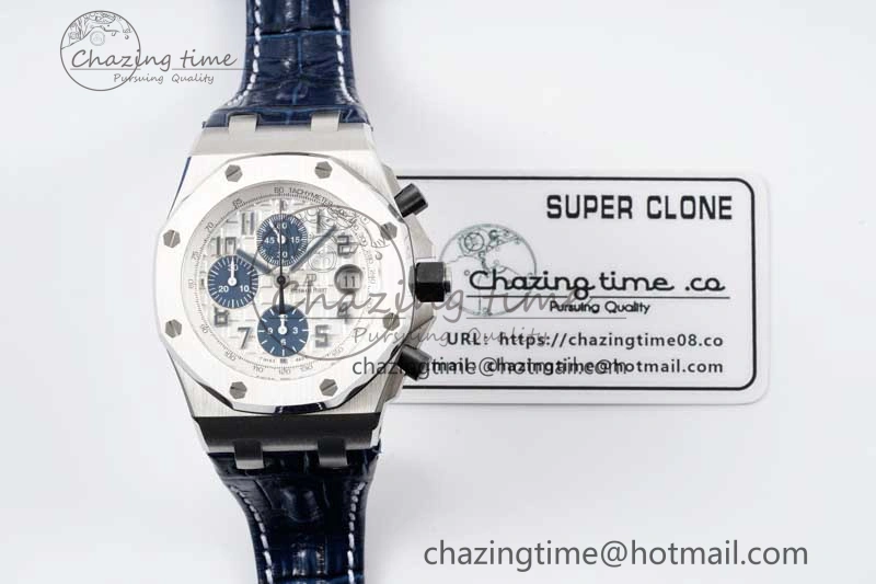 Royal Oak Offshore 42mm SS APF 1:1 Best Edition White Blue Dial on Blue Leather Strap A SportInspired 4616