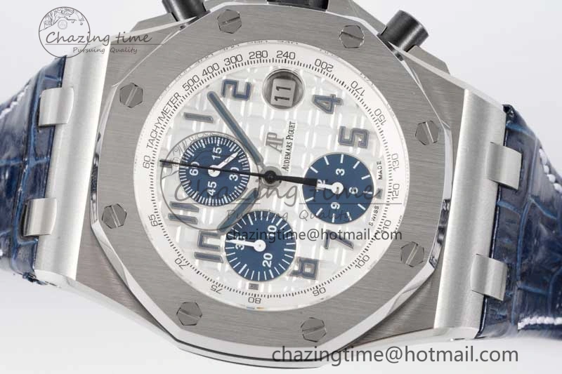 Royal Oak Offshore 42mm SS APF 1:1 Best Edition White Blue Dial on Blue Leather Strap A SportInspired 4616