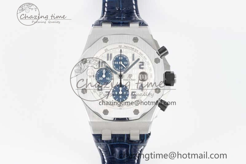 Royal Oak Offshore 42mm SS APF 1:1 Best Edition White Blue Dial on Blue Leather Strap A SportInspired 4616