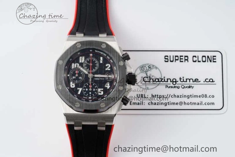 Royal Oak Offshore 42mm SS Black Ceramic Bezel APF 1:1 Best Edition Black Dial on Black Red Rubber Strap A Neat 4712