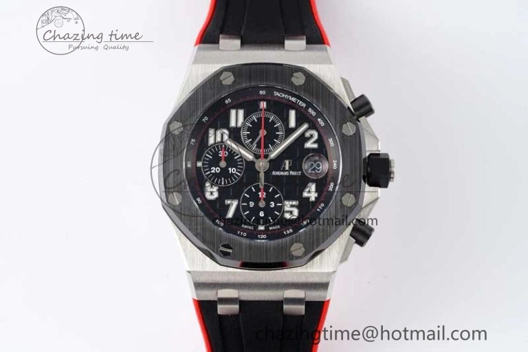 Royal Oak Offshore 42mm SS Black Ceramic Bezel APF 1:1 Best Edition Black Dial on Black Red Rubber Strap A Neat 4712