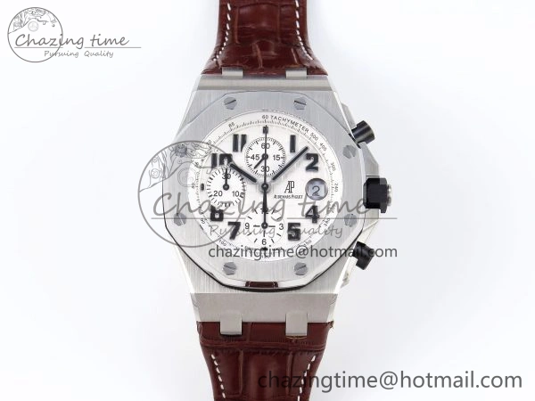 TechFriendly Royal Oak Offshore 42mm Safari SS APF 1:1 Best Edition White Dial on Brown Leather Strap A 4527