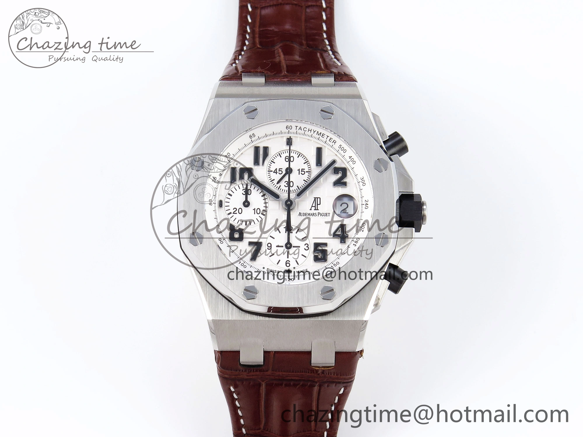 TechFriendly Royal Oak Offshore 42mm Safari SS APF 1:1 Best Edition White Dial on Brown Leather Strap A 4527
