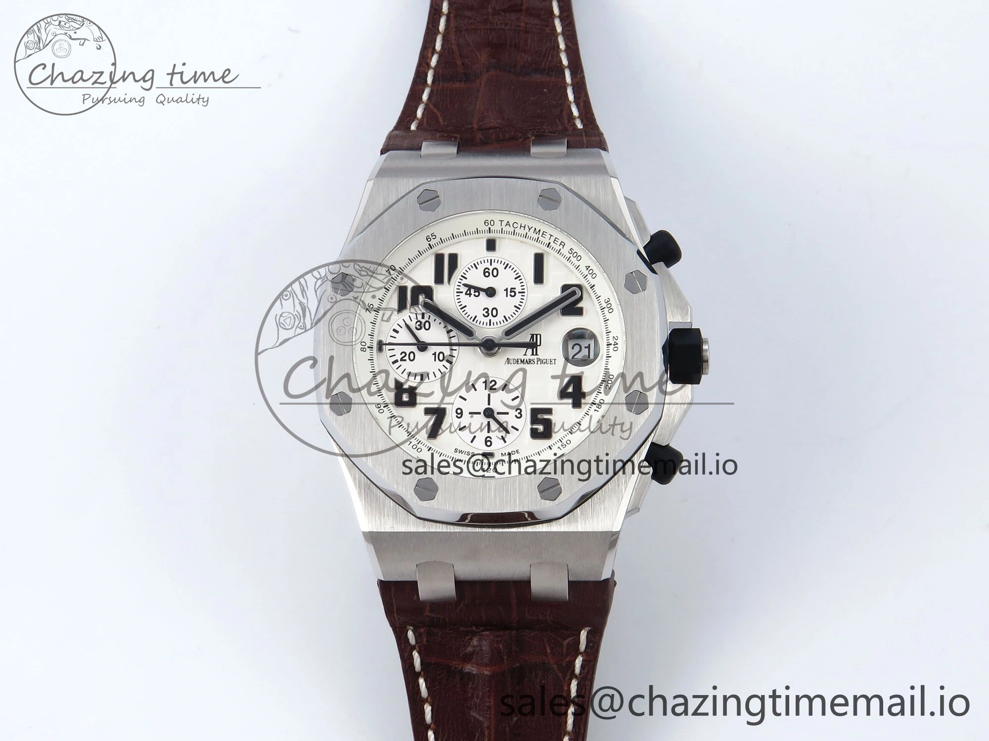 EyeCatching Royal Oak Offshore 42mm Safari TKF Best Edition White Dial on Brown Leather Strap A 4354