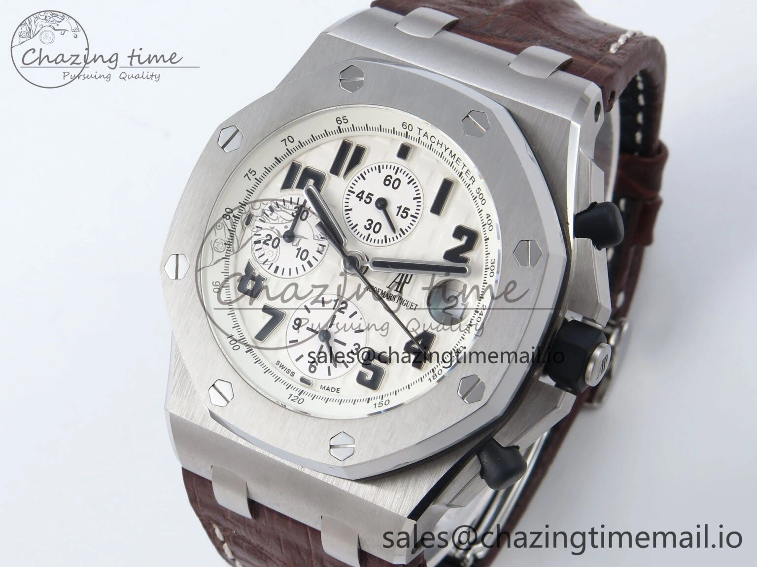 EyeCatching Royal Oak Offshore 42mm Safari TKF Best Edition White Dial on Brown Leather Strap A 4354