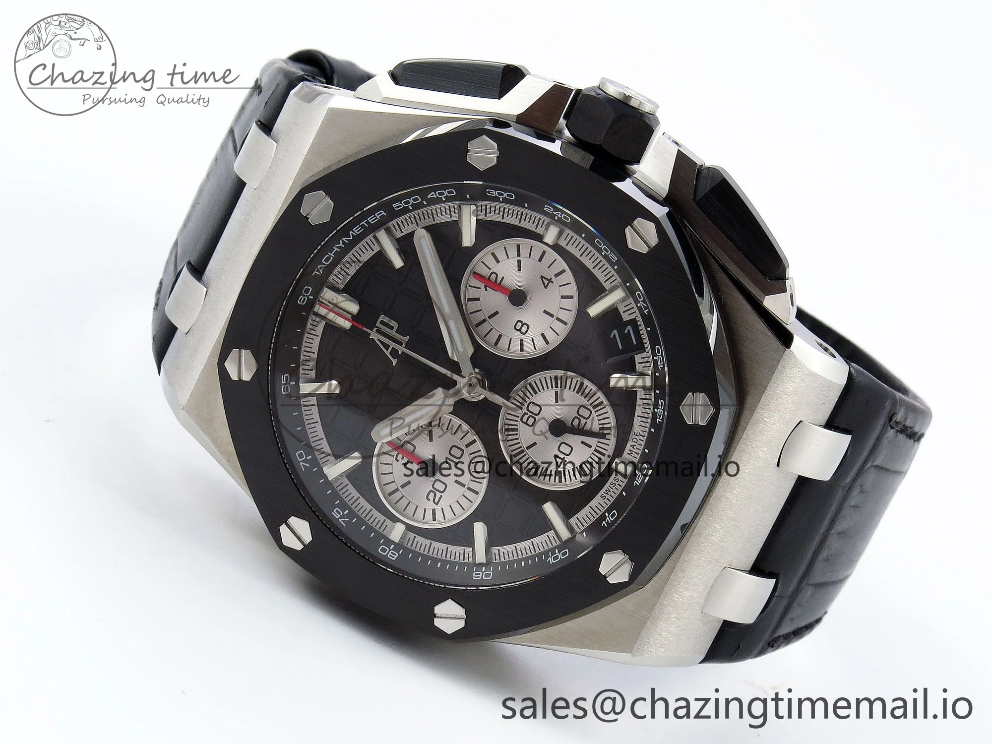Sporty Royal Oak Offshore 43mm 26420so SS APPF Best Edition Black Dial on Black Leather Strap A 4410