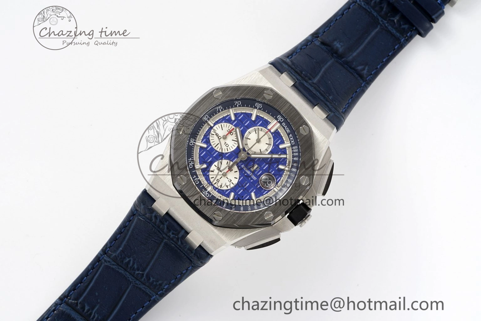 FashionForward Royal Oak Offshore 44mm Black Ceramic Bezel APF 1:1 Best Edition Blue Dial on Blue Leather Strap A3126 V 4595