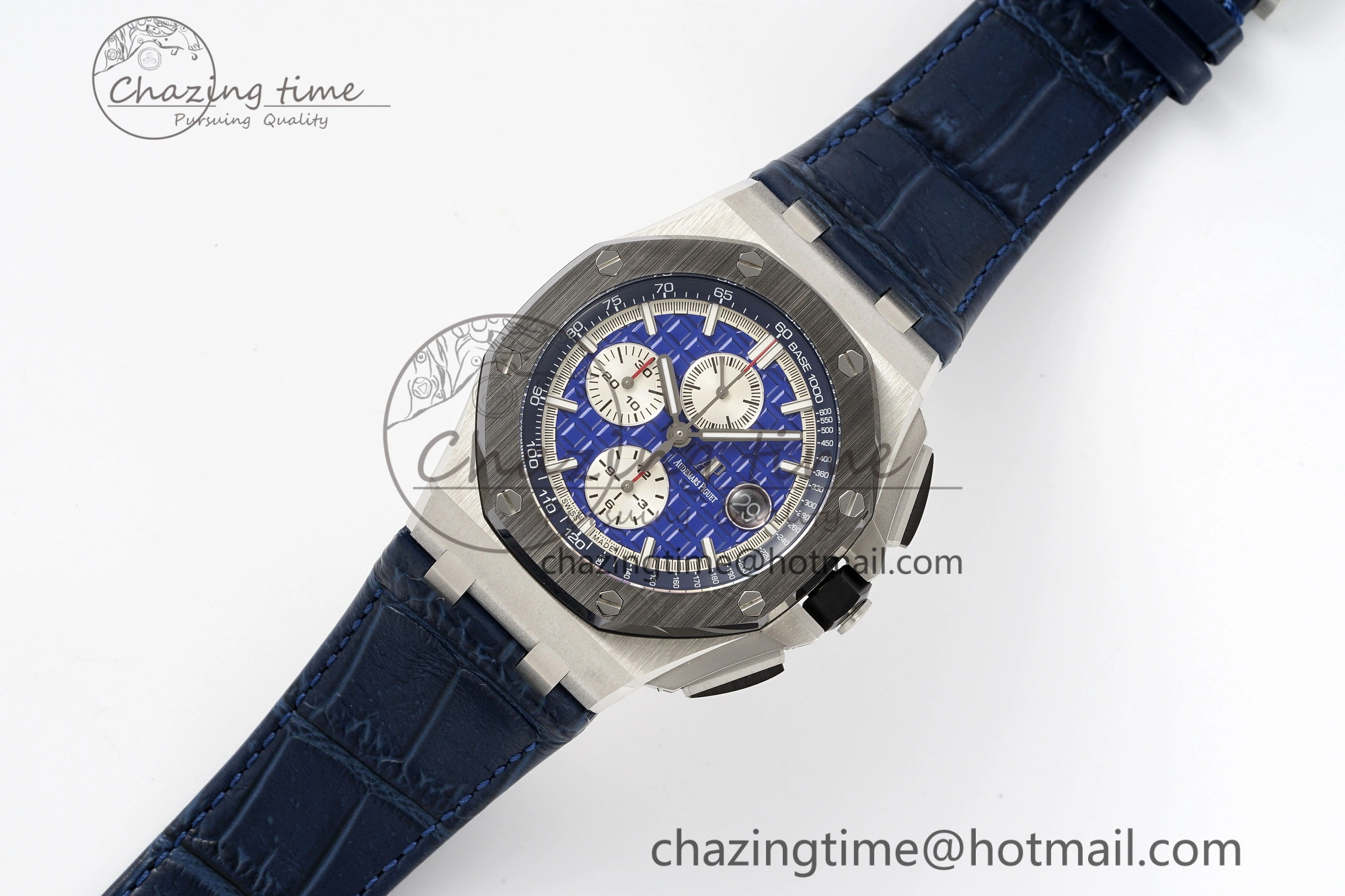 FashionForward Royal Oak Offshore 44mm Black Ceramic Bezel APF 1:1 Best Edition Blue Dial on Blue Leather Strap A3126 V 4595