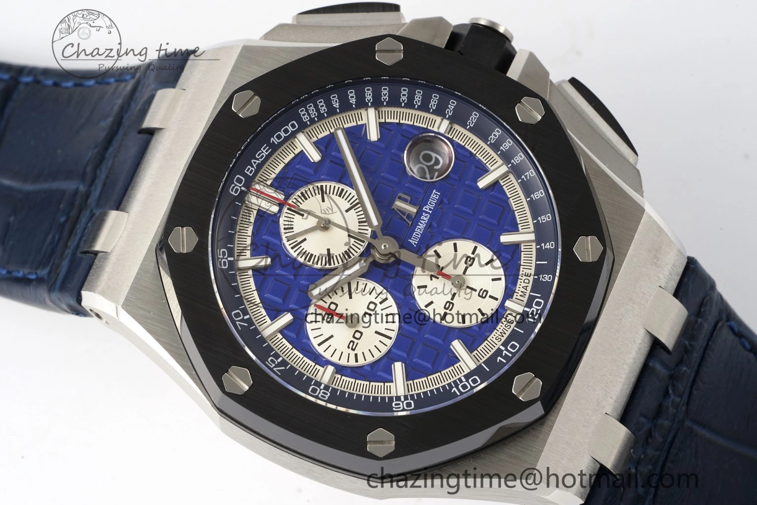FashionForward Royal Oak Offshore 44mm Black Ceramic Bezel APF 1:1 Best Edition Blue Dial on Blue Leather Strap A3126 V 4595