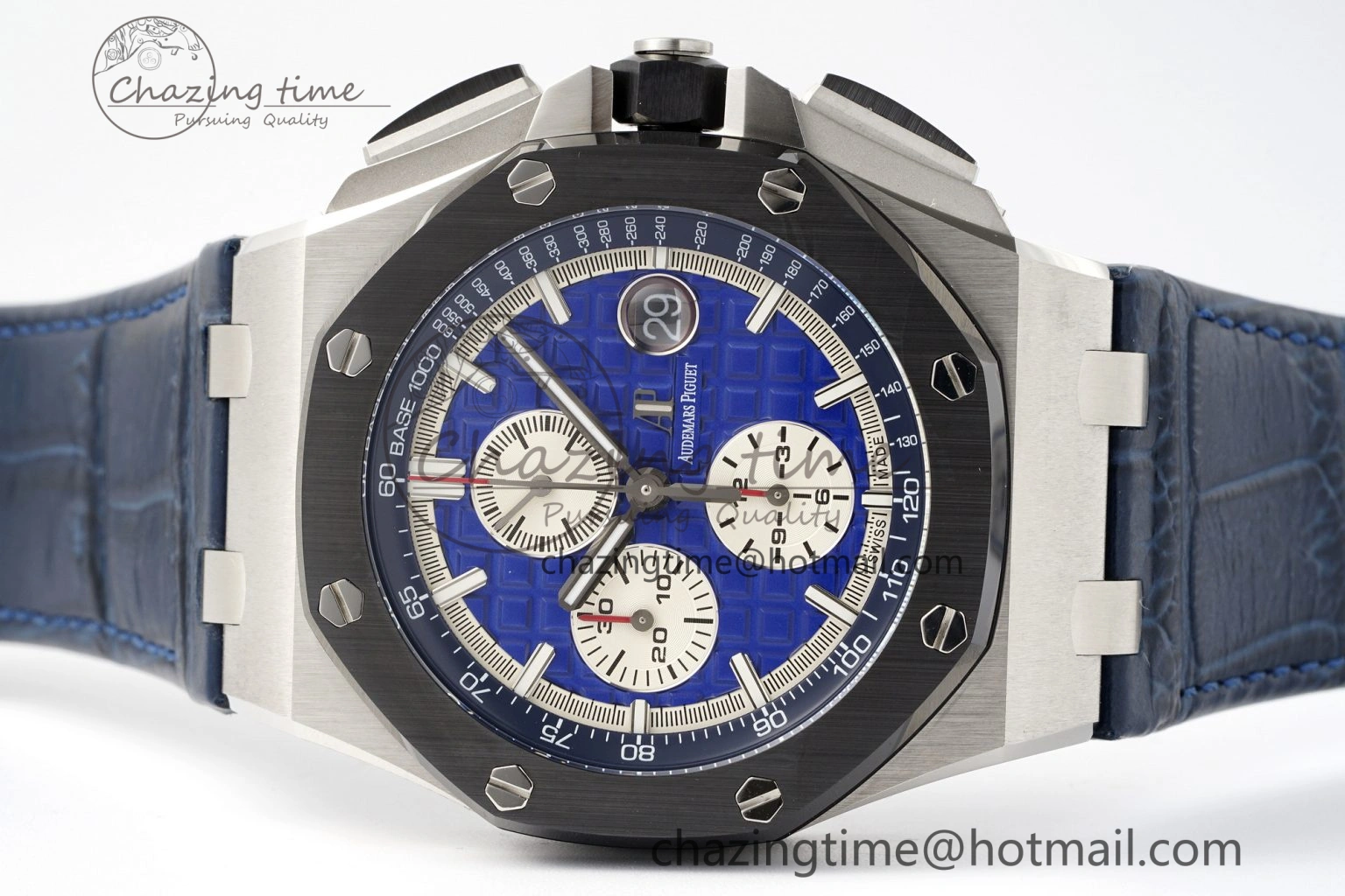 FashionForward Royal Oak Offshore 44mm Black Ceramic Bezel APF 1:1 Best Edition Blue Dial on Blue Leather Strap A3126 V 4595