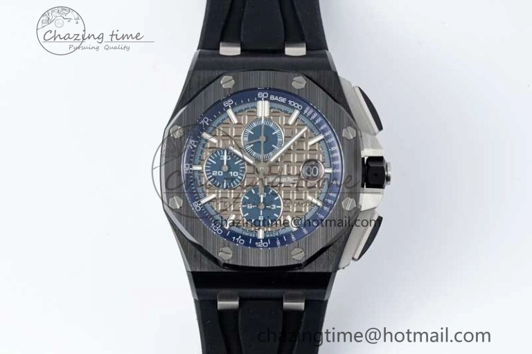 MoistureWicking Royal Oak Offshore 44mm Black Ceramic Case APF 1:1 Best Edition Gray Blue Dial on Black Rubber Strap A 4674