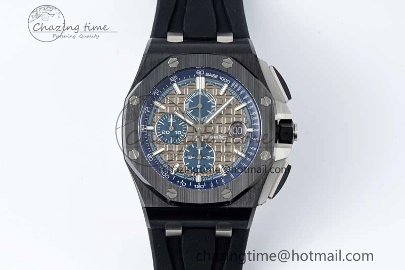 MoistureWicking Royal Oak Offshore 44mm Black Ceramic Case APF 1:1 Best Edition Gray Blue Dial on Black Rubber Strap A 4674