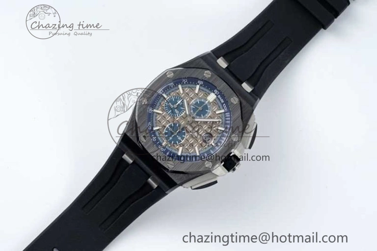 MoistureWicking Royal Oak Offshore 44mm Black Ceramic Case APF 1:1 Best Edition Gray Blue Dial on Black Rubber Strap A 4674