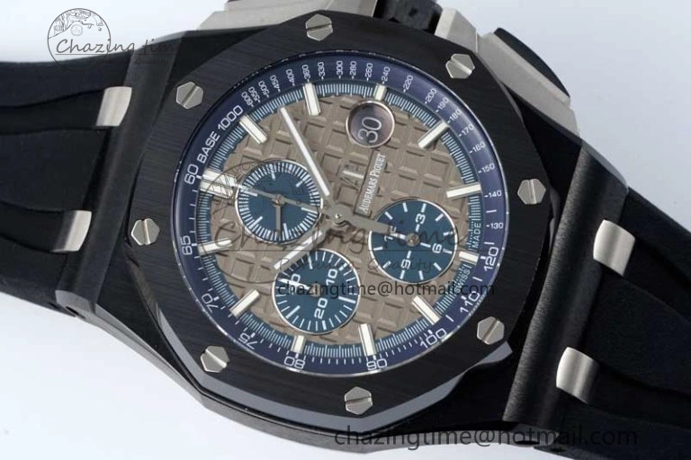 MoistureWicking Royal Oak Offshore 44mm Black Ceramic Case APF 1:1 Best Edition Gray Blue Dial on Black Rubber Strap A 4674