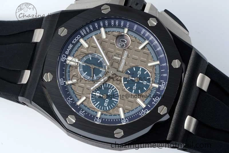 MoistureWicking Royal Oak Offshore 44mm Black Ceramic Case APF 1:1 Best Edition Gray Blue Dial on Black Rubber Strap A 4674