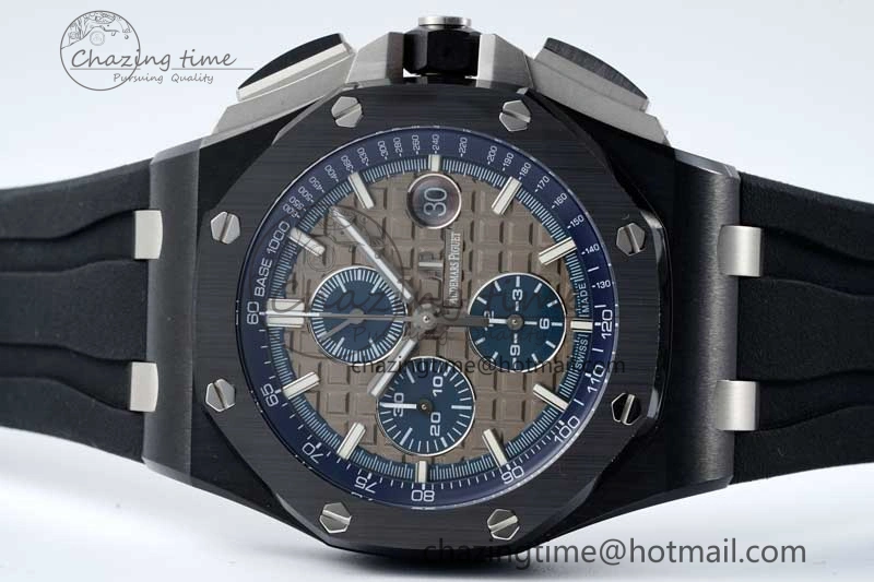 MoistureWicking Royal Oak Offshore 44mm Black Ceramic Case APF 1:1 Best Edition Gray Blue Dial on Black Rubber Strap A 4674