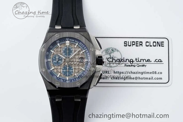 MoistureWicking Royal Oak Offshore 44mm Black Ceramic Case APF 1:1 Best Edition Gray Blue Dial on Black Rubber Strap A 4674