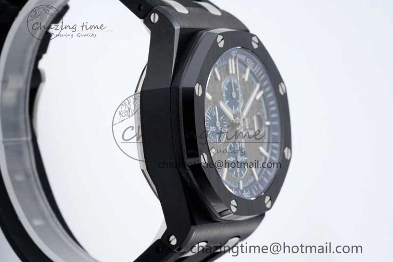 MoistureWicking Royal Oak Offshore 44mm Black Ceramic Case APF 1:1 Best Edition Gray Blue Dial on Black Rubber Strap A 4674