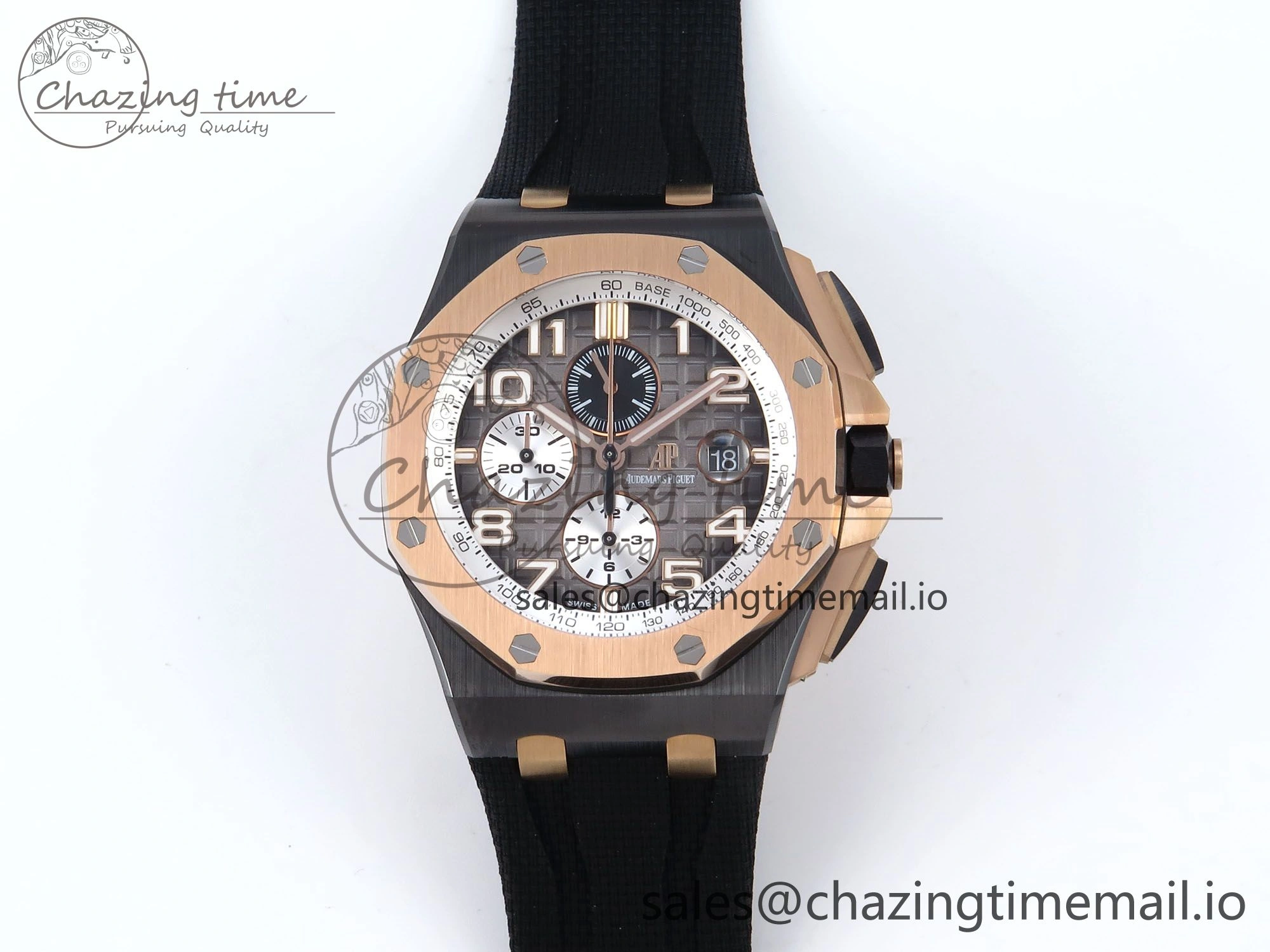 WeatherProof Royal Oak Offshore 44mm Black Ceramic TKF 1:1 Best Edition Gray Dial RG Bezel on Black Rubber Strap A 4374