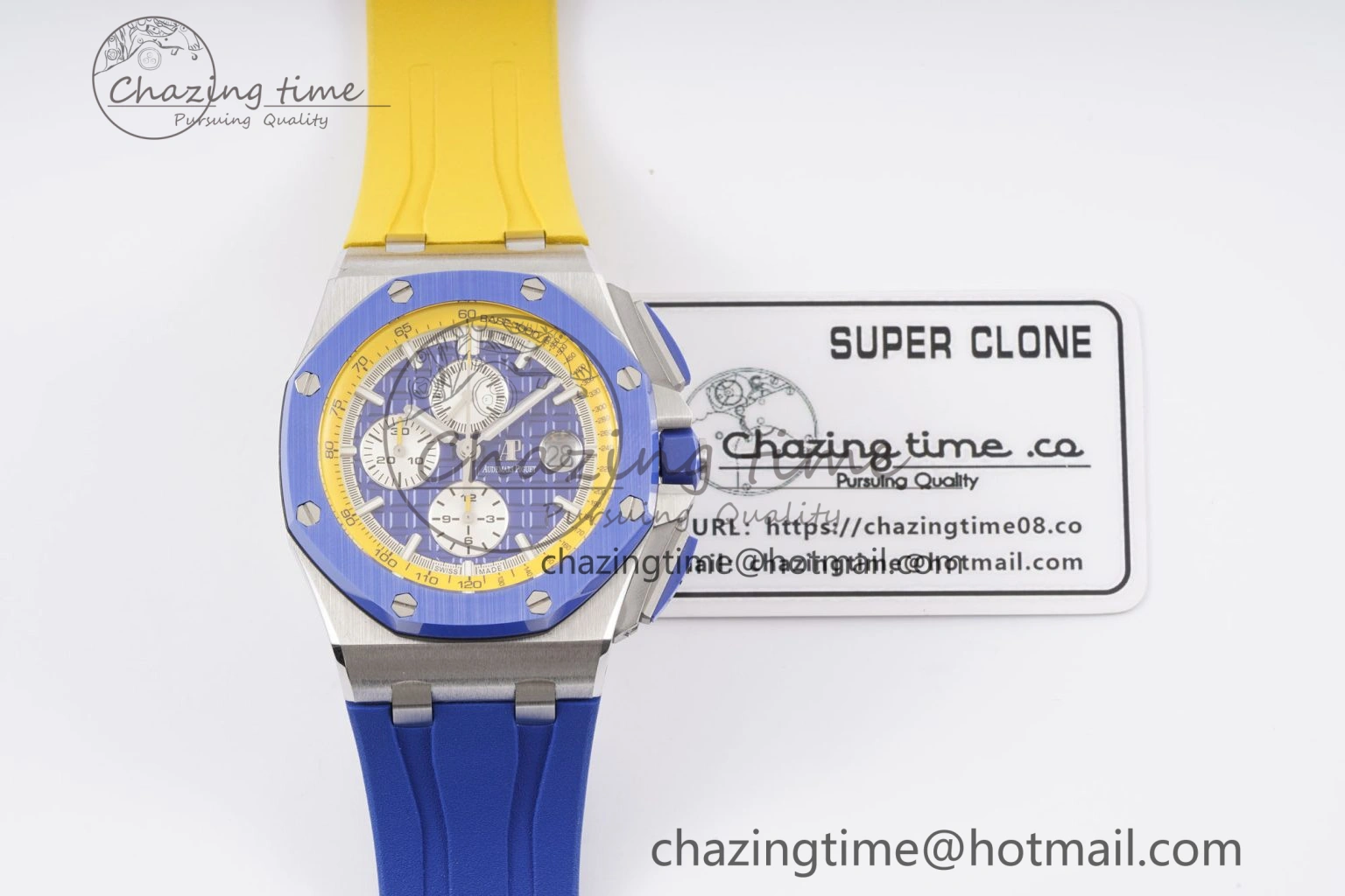 Premium Royal Oak Offshore 44mm Blue Ceramic Bezel APF 1:1 Best Edition Blue Yellow Dial on Blue Yellow Rubber Strap A3126 V 4594