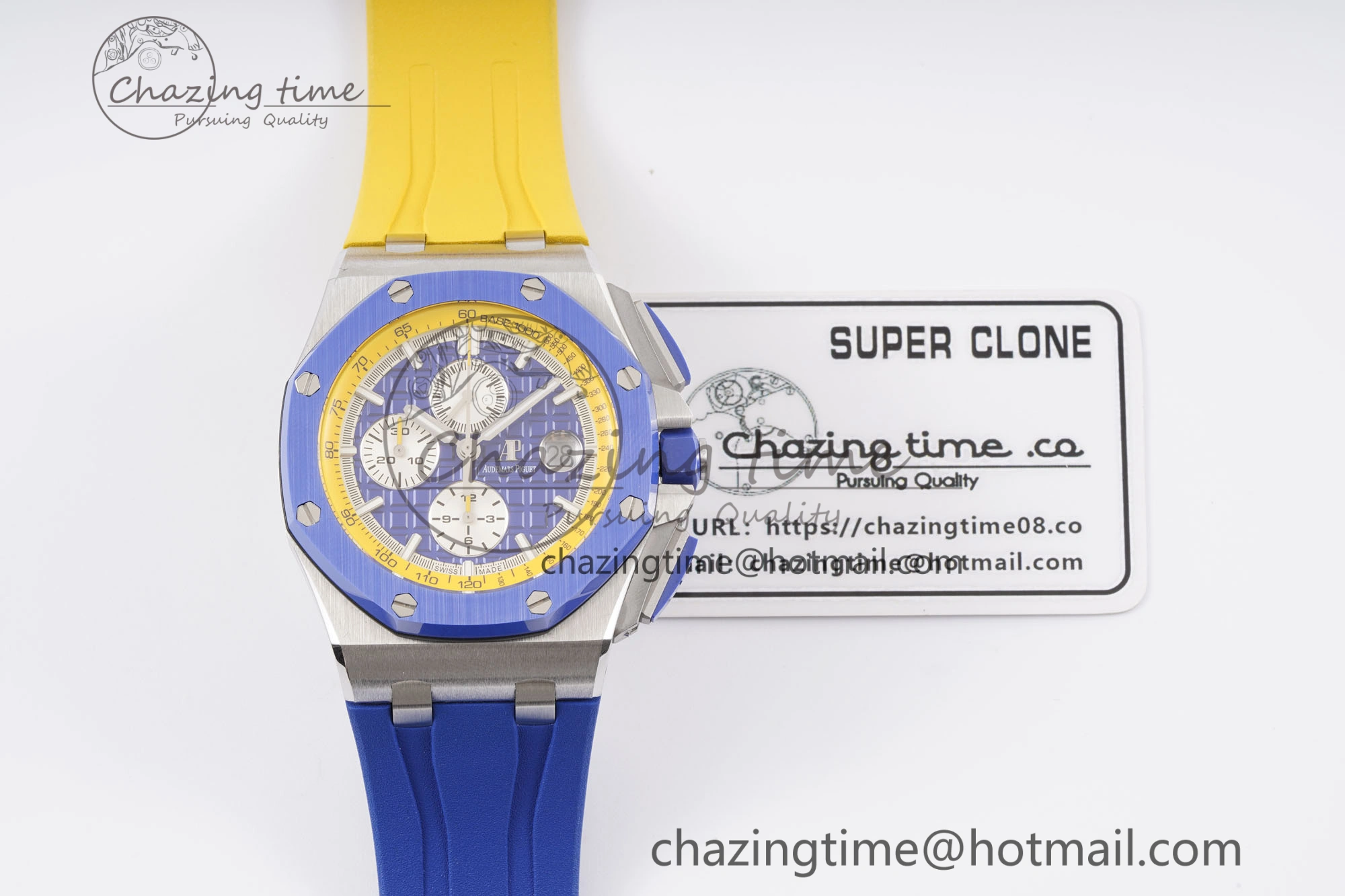 Premium Royal Oak Offshore 44mm Blue Ceramic Bezel APF 1:1 Best Edition Blue Yellow Dial on Blue Yellow Rubber Strap A3126 V 4594