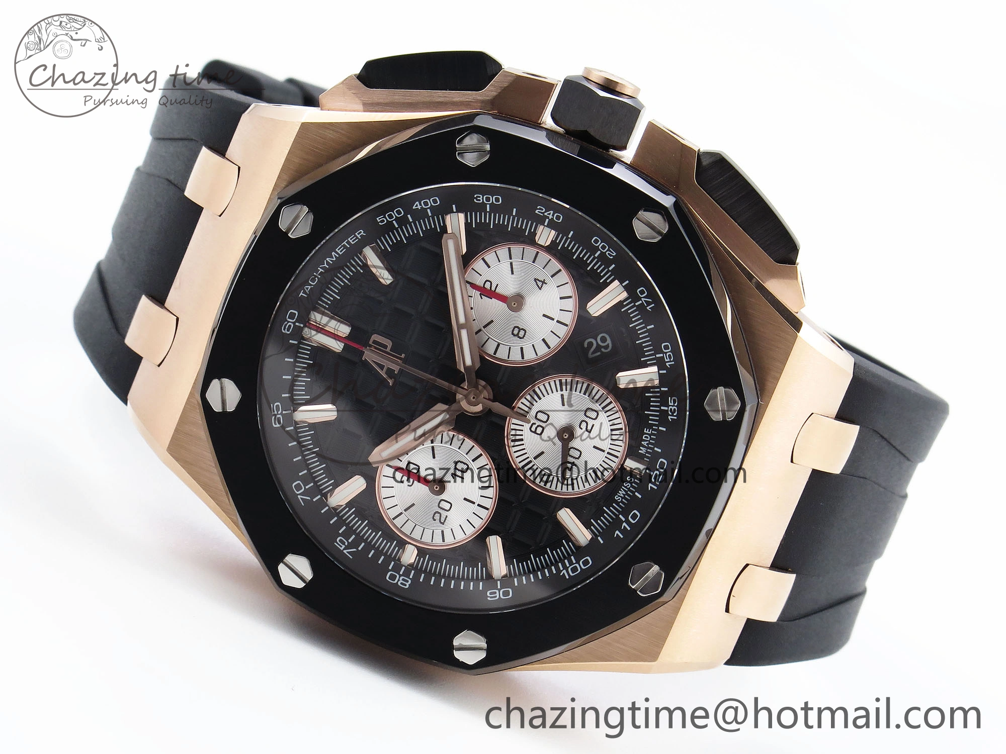 Bold Royal Oak Offshore 44mm RG Black Ceramic Bezel APF 1:1 Best Edition Black Silver Dial on Black Rubber Strap A 4548
