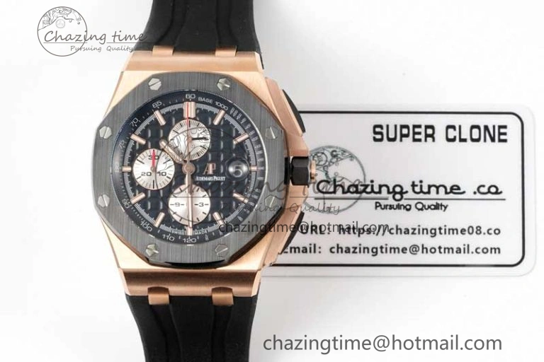 Sporty Royal Oak Offshore 44mm RG Black Ceramic Bezel APF 1:1 Best Edition on Rubber Strap A 4775