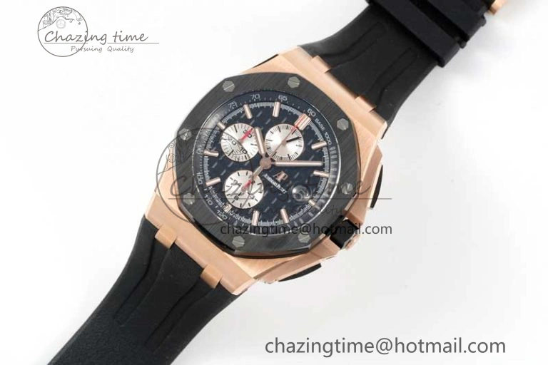 Sporty Royal Oak Offshore 44mm RG Black Ceramic Bezel APF 1:1 Best Edition on Rubber Strap A 4775
