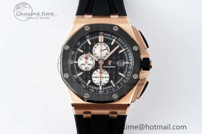 Fashionable Royal Oak Offshore 44mm RG Ceramic Bezel APF 1:1 Best Edition Black White Dial on Rubber Strap A 4743