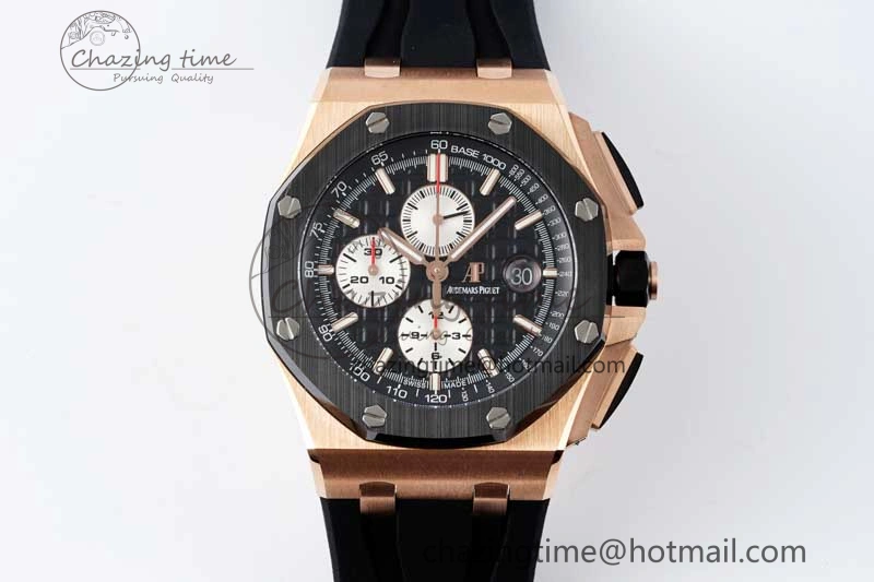Fashionable Royal Oak Offshore 44mm RG Ceramic Bezel APF 1:1 Best Edition Black White Dial on Rubber Strap A 4743