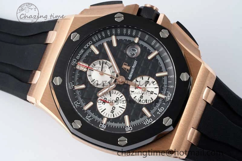 Fashionable Royal Oak Offshore 44mm RG Ceramic Bezel APF 1:1 Best Edition Black White Dial on Rubber Strap A 4743