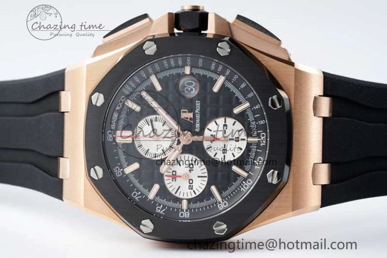 Fashionable Royal Oak Offshore 44mm RG Ceramic Bezel APF 1:1 Best Edition Black White Dial on Rubber Strap A 4743