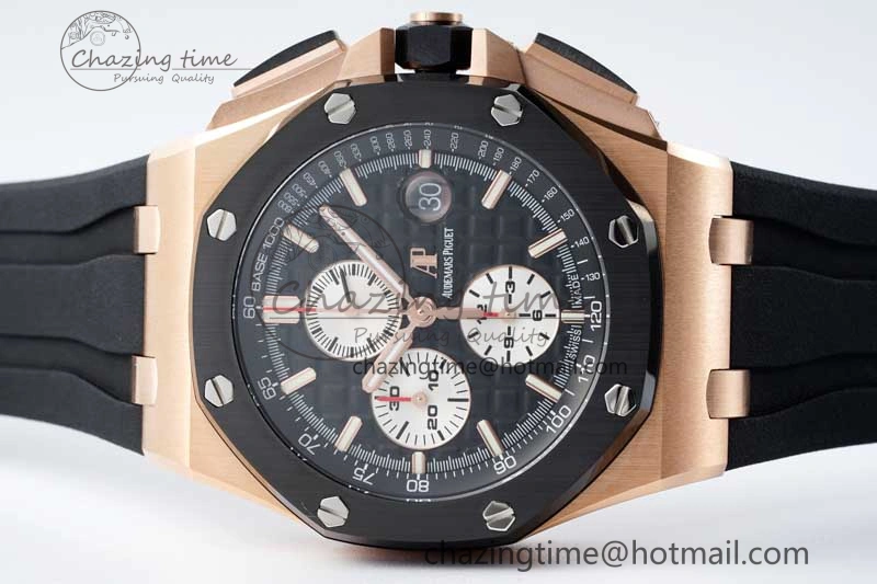 Fashionable Royal Oak Offshore 44mm RG Ceramic Bezel APF 1:1 Best Edition Black White Dial on Rubber Strap A 4743