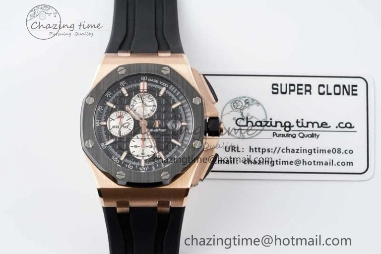 Fashionable Royal Oak Offshore 44mm RG Ceramic Bezel APF 1:1 Best Edition Black White Dial on Rubber Strap A 4743