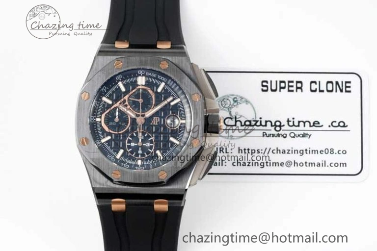 Colorful Royal Oak Offshore 44mm Real Ceramic RSF 1:1 Best Edition Black Dial RG Markers on Rubber Strap A 4758