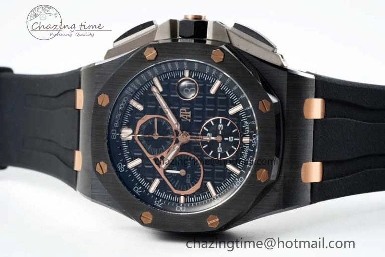 Colorful Royal Oak Offshore 44mm Real Ceramic RSF 1:1 Best Edition Black Dial RG Markers on Rubber Strap A 4758