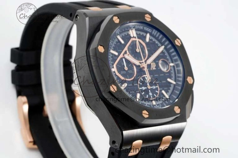 Colorful Royal Oak Offshore 44mm Real Ceramic RSF 1:1 Best Edition Black Dial RG Markers on Rubber Strap A 4758
