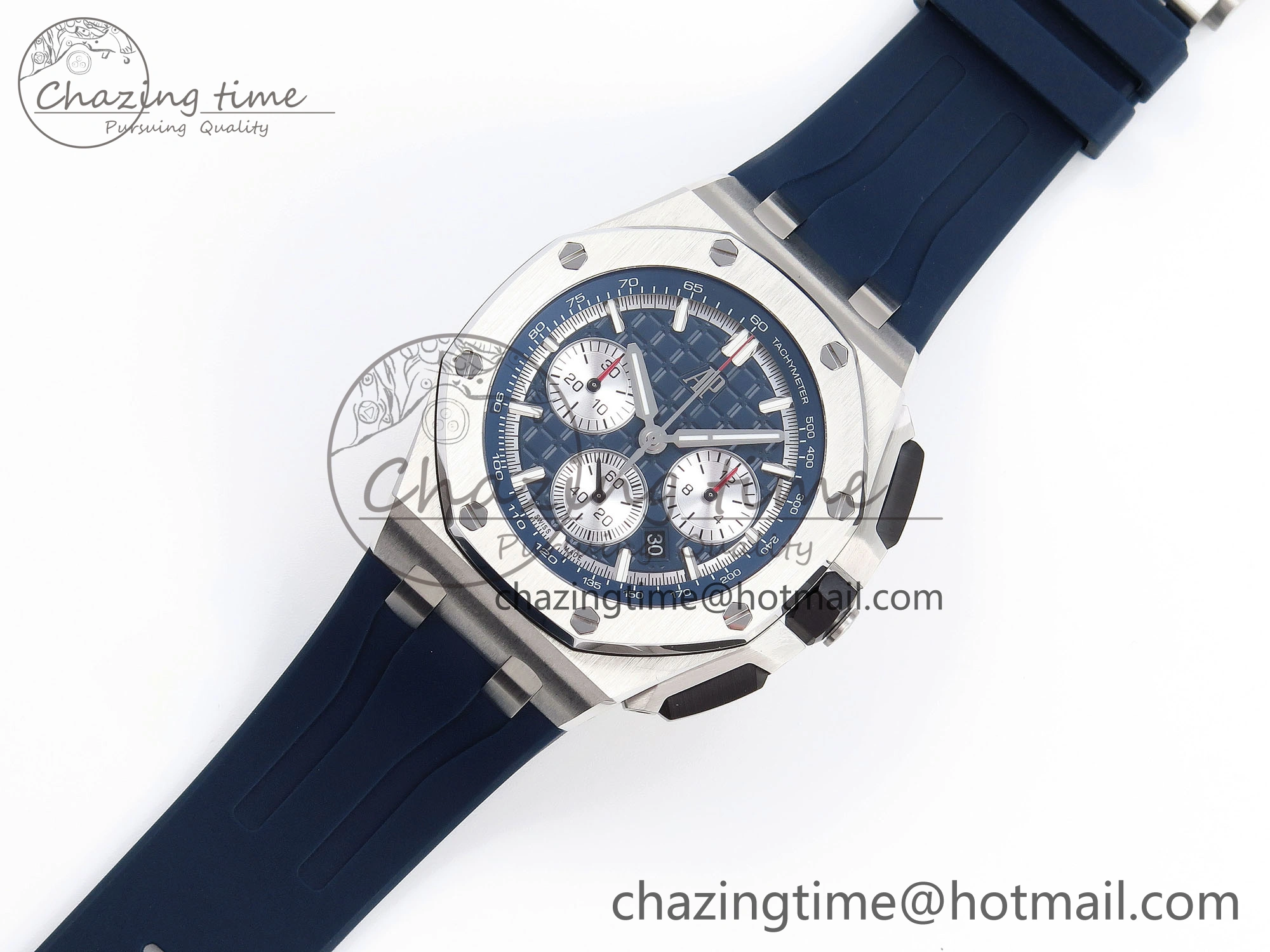 EyeCatching Royal Oak Offshore 44mm SS Bezel APF 1:1 Best Edition Blue Silver Dial on Blue Rubber Strap A 4546