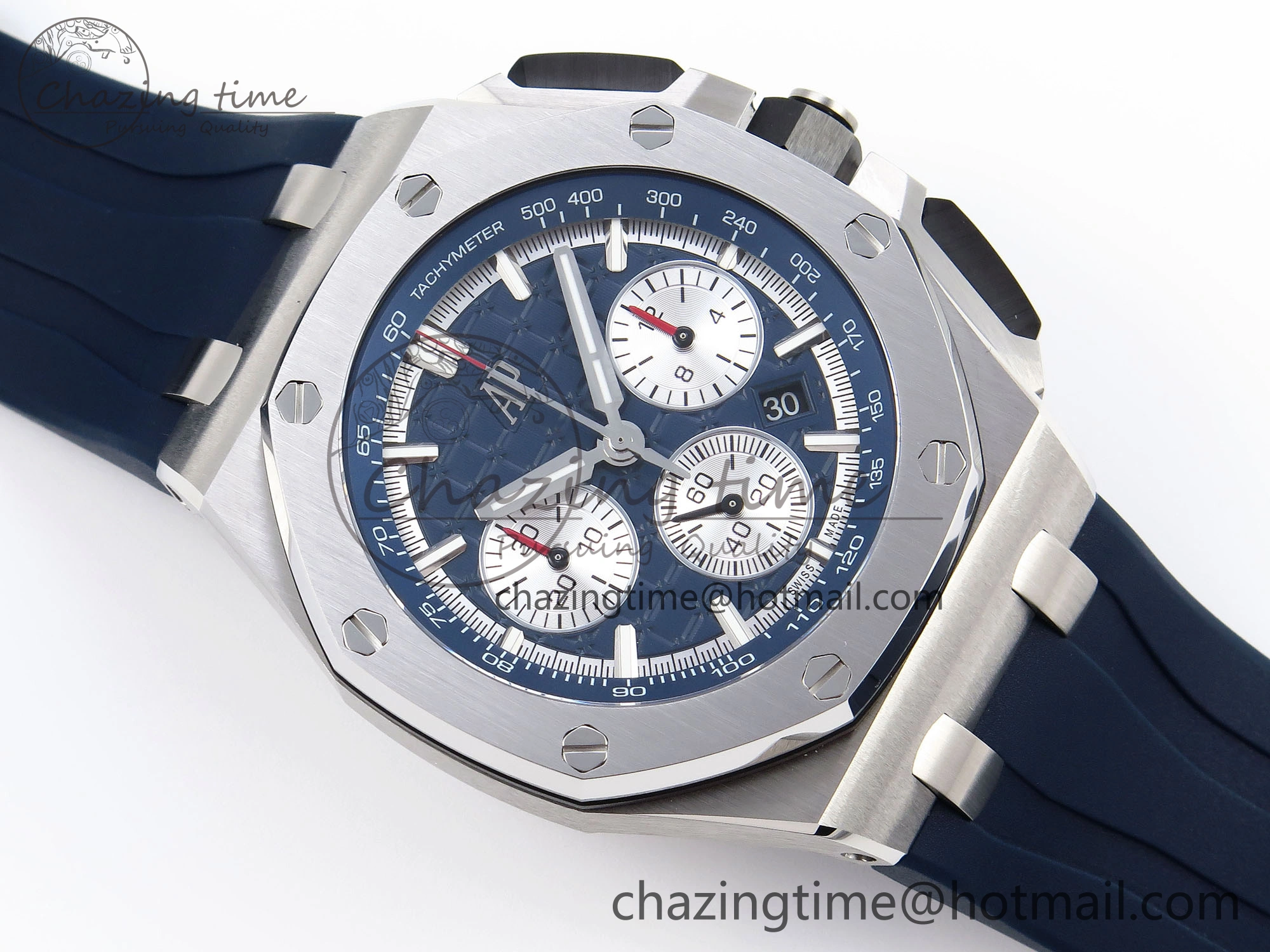 EyeCatching Royal Oak Offshore 44mm SS Bezel APF 1:1 Best Edition Blue Silver Dial on Blue Rubber Strap A 4546