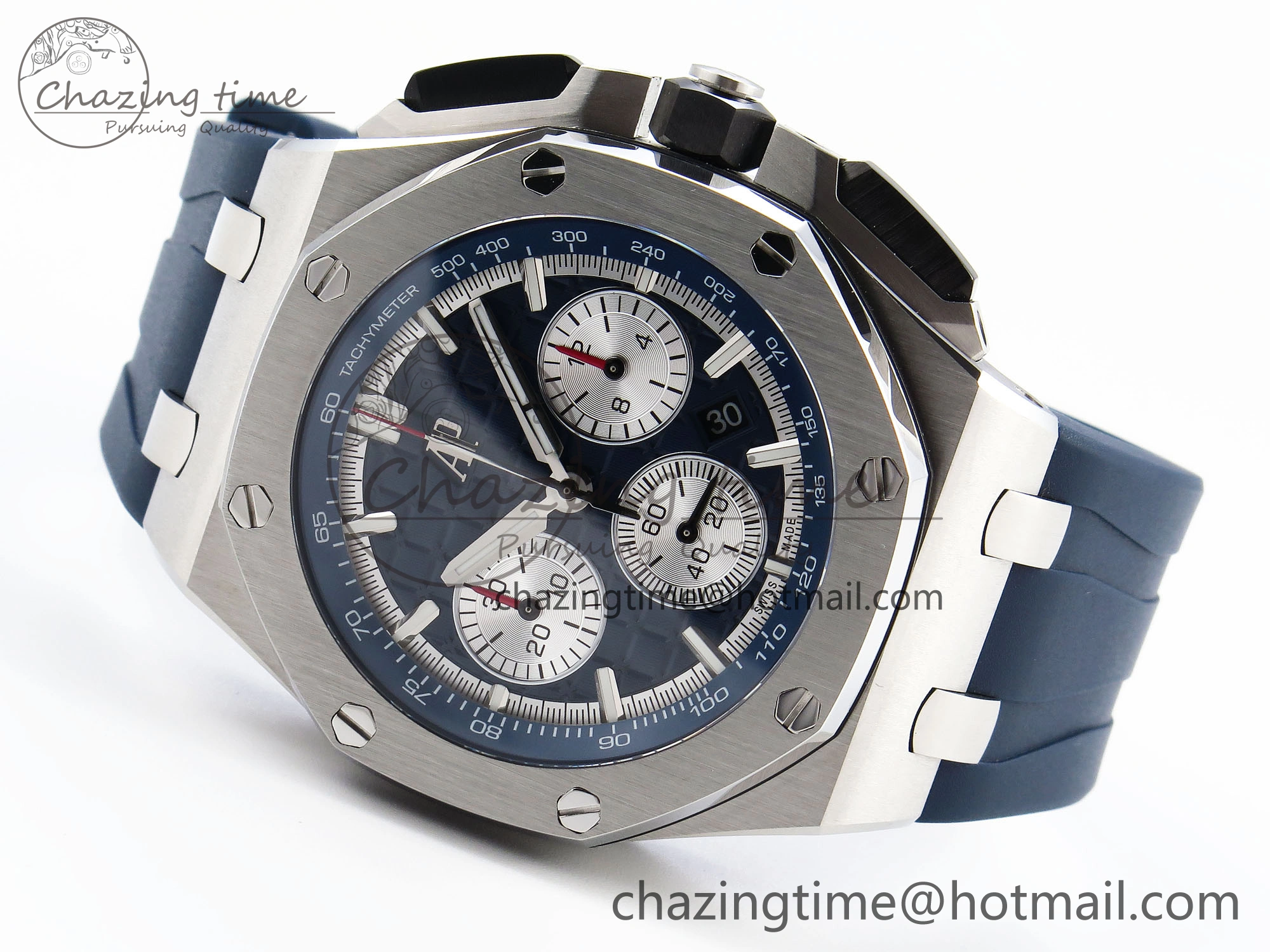EyeCatching Royal Oak Offshore 44mm SS Bezel APF 1:1 Best Edition Blue Silver Dial on Blue Rubber Strap A 4546