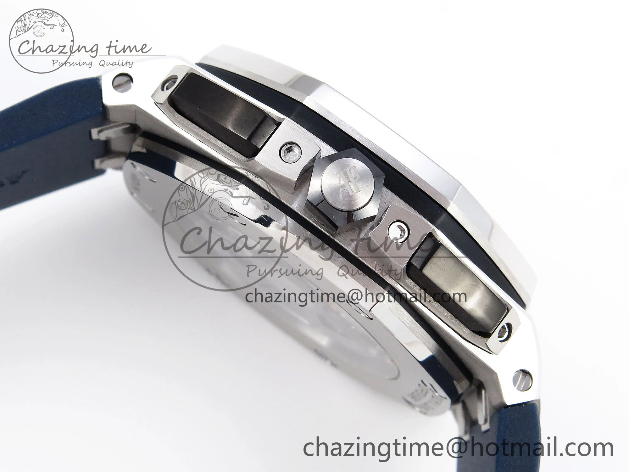 EyeCatching Royal Oak Offshore 44mm SS Bezel APF 1:1 Best Edition Blue Silver Dial on Blue Rubber Strap A 4546