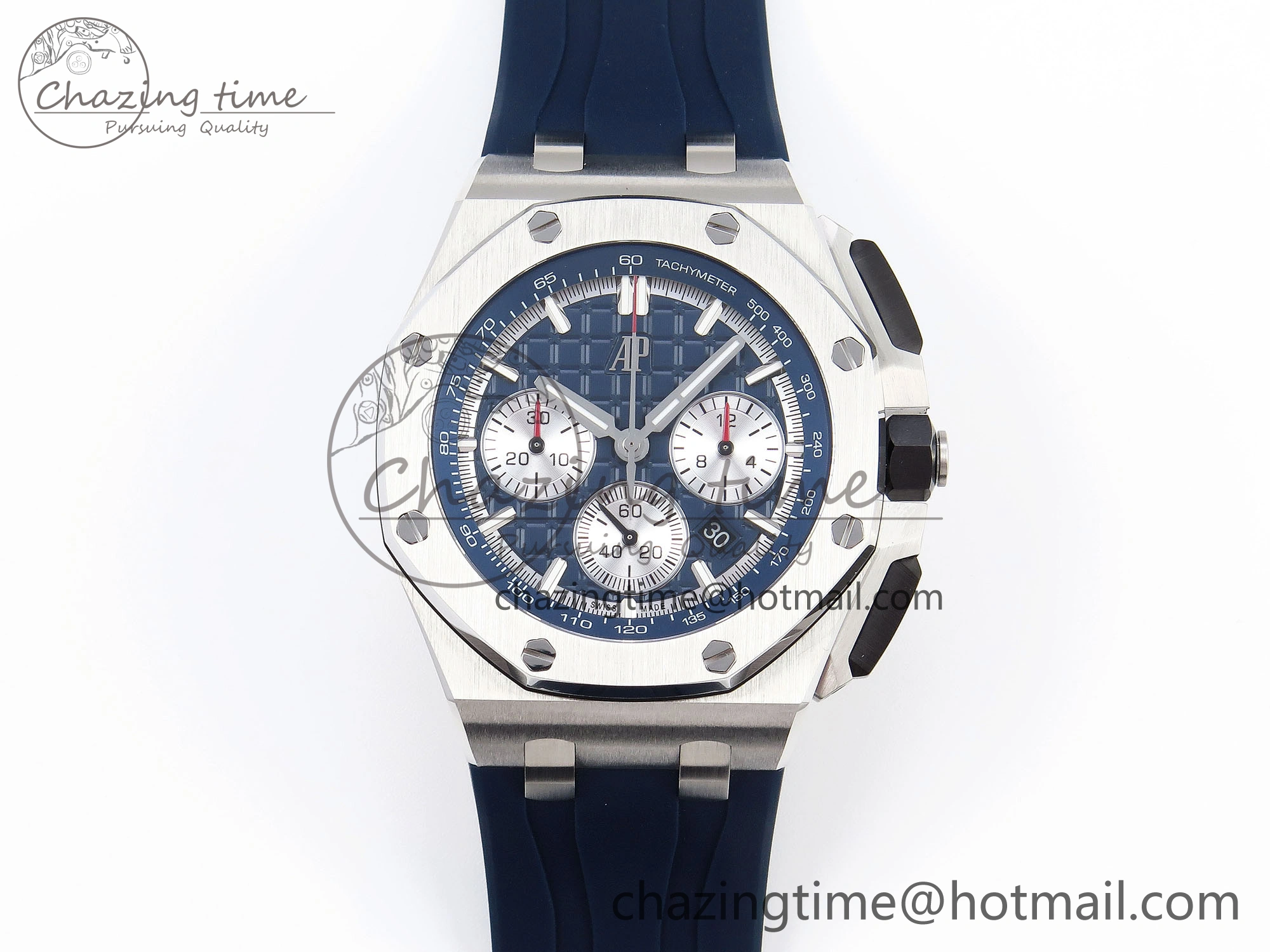EyeCatching Royal Oak Offshore 44mm SS Bezel APF 1:1 Best Edition Blue Silver Dial on Blue Rubber Strap A 4546