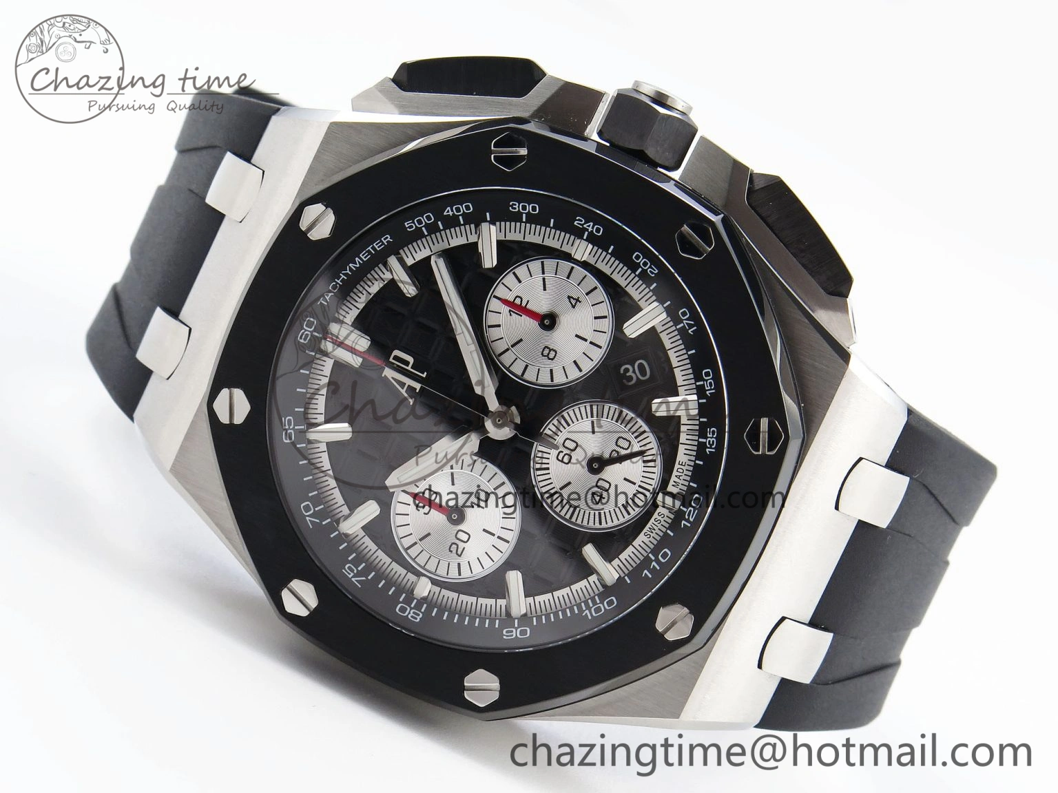 Royal Oak Offshore 44mm SS Black Ceramic Bezel APF 1:1 Best Edition Black Silver Dial on Black Rubber Strap A ZipUp 4547