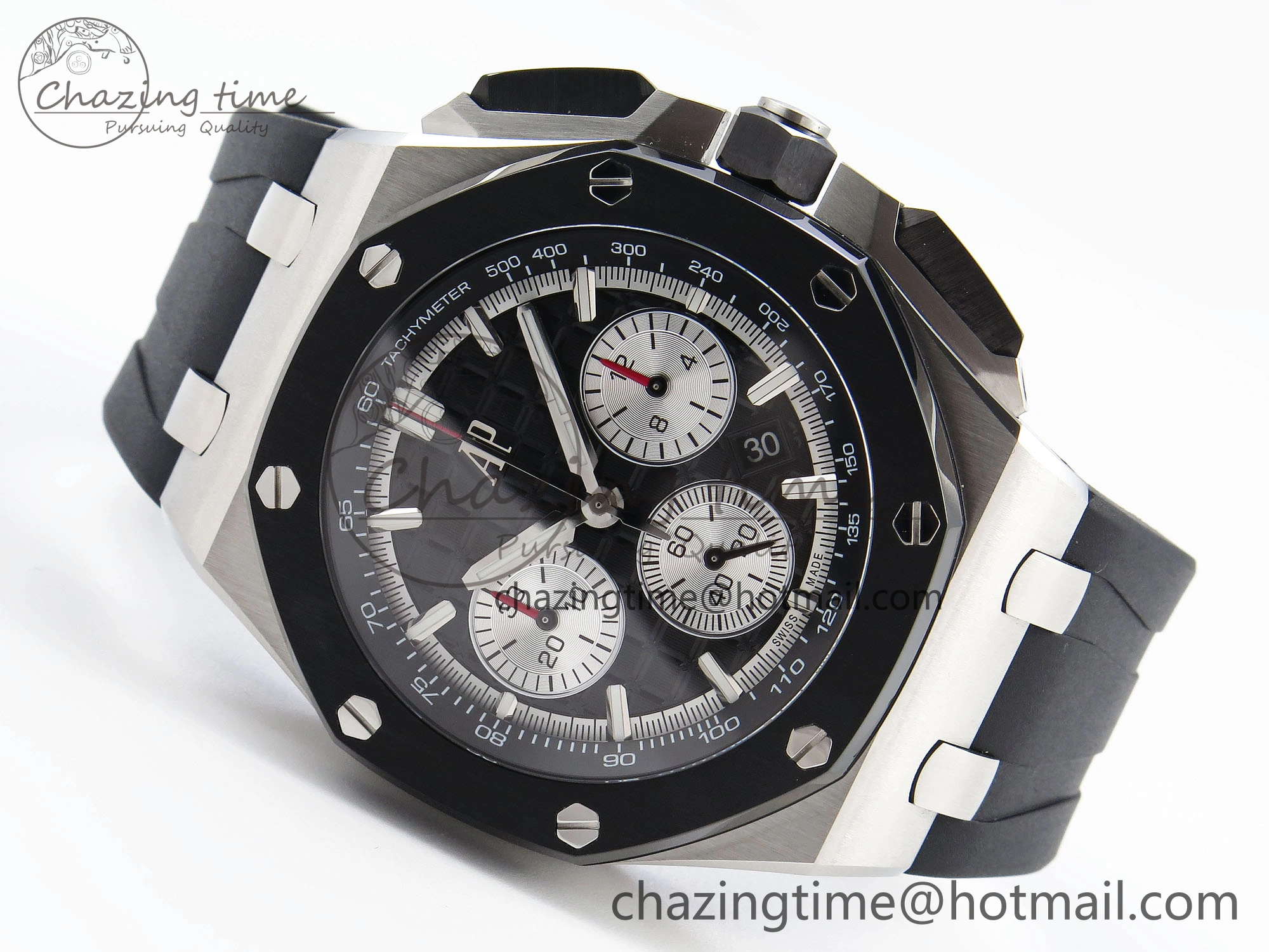 Royal Oak Offshore 44mm SS Black Ceramic Bezel APF 1:1 Best Edition Black Silver Dial on Black Rubber Strap A ZipUp 4547